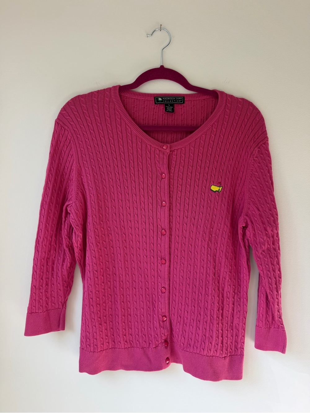 100% Pima Cotton Classic Cable-Knit Button Cardigan in Bright Pink Masters Golf